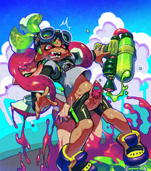 1boy 1futa bike_shorts biting censored cephalopod cephalopod_humanoid dark_skin domino_mask fangs female frottage futa_with_male futanari goggles goggles_on_head green_eyes green_hair hair humanoid inkling inkling_boy inkling_futa inkling_girl intersex john_(splatoon) large_penis mask mask_(marking) nintendo novelty_censor paint_splatter penis pink_eyes pink_hair pointy_ears restrained shoes shorts shorts_pull sneakers splatoon splattershot squid super_soaker sweat t-shirt tentacle tentacle_hair thigh_sex