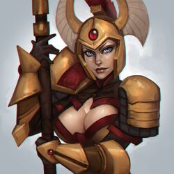 armor blue_eyes breasts cleavage dark-skinned_female dark_skin dota_2 female headgear helmet large_breasts legion_commander nose_piercing piercing pixiepowderpuff polearm solo