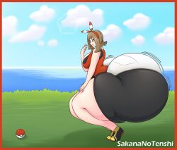 1girls ass ass_body big_ass big_breasts breasts bubble_ass bubble_butt cleavage fat_ass female female_focus female_only fully_clothed game_freak giant_ass gigantic_ass huge_ass huge_thighs hyper hyper_ass hyper_hips hyper_thighs massive_ass massive_thighs may_(pokemon) may_(pokemon_oras) nintendo outdoors pokemon pokemon_oras red_border round_ass sakananotenshi solo squatting thick_ass thick_hips thick_thighs tight_clothing wide_hips