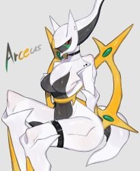 2023 anthro anthro_only anthrofied arceus belt black_body breasts colored_sclera creatures_(company) floating_hair game_freak gem gen_4_pokemon gold_(metal) green_sclera highres large_breasts legendary_pokemon looking_at_viewer medium_hair mythical_pokemon nintendo pokémon_(species) pokemon pokemon_(creature) pokemon_(species) pokemon_dppt red_eyes sitting tail thick_thighs thigh_belt thigh_strap thighs toge77789 togetoge white_body wide_hips