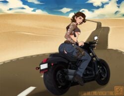 1girls anus armpit_holster ass belt breasts brown_hair crop_top crotchless curvy desert exposed exposed_anus exposed_pussy female female_only grey_eyes gun holster human jeans justinianknight large_ass looking_at_viewer medium_breasts motorcycle no_panties original outdoors pussy short_hair sideboob solo tattoo thigh_holster torn_clothes torn_jeans torn_pants underboob vehicle weapon