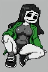 ai_generated big_breasts black_eyes black_hair black_panties black_shoes black_underwear charlie_emily curvy curvy_figure female female five_nights_at_freddy's gray_background gray_shirt green_coat green_jacket grey_socks legs_spreading long_hair nervous no_pupils open_jacket pixai pixel_art shy sitting smile solo