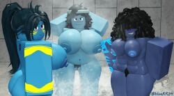 3d 3girls big_breasts black_hair blue_skin bluerr34 chubby completely_nude female headband looking_at_viewer muscular original_character roblox robloxian self_upload shiram shower showering sisters tagme tattoo text twitter_username wet