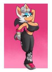 1girls bat bat_ears clothed crop_top female female_focus female_only furry furry_only gloves green_eyes hand_on_head large_ass large_breasts long_eyelashes pink_background roboticsteve rouge_the_bat rouge_the_rider safe shoes sonic_(series) sonic_riders sonic_the_hedgehog_(series) sweat sweatdrop sweating sweaty sweaty_body sweaty_breasts tail tanned_skin thick thick_thighs white_background white_hair wings yoga_pants