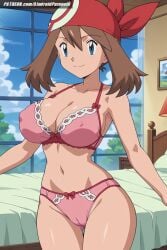 ai_generated aindroidparanoid ass bed bedroom blue_eyes bra breasts brown_hair cameltoe haruka_(pokemon) hips huge_ass huge_breasts indoors large_breasts lingerie may_(pokemon) narrow_waist nipples panties pink_lingerie pokemon pokemon_(anime) pokemon_(classic_anime) pokemon_trainer short_hair slim_waist stable_diffusion tight_clothing