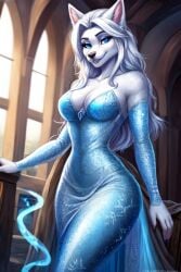 ai_generated blue_eyes dress elsa_(cosplay) female sarah_snowpaw white_hair wolf