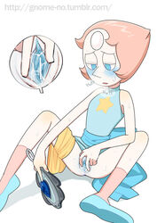 blue_eyes blue_pussy blush bottomless breath brown_hair censored clitoris cutaway dress_lift female female_only flat_chest footwear forehead_jewel gem_(species) gnome-no hairless_pussy hand_mirror lapis_lazuli_(steven_universe) masturbation mirror pants_around_one_leg pearl_(steven_universe) pink_hair pussy pussy_juice shoes short_hair sitting socks sound_effects spread_legs spread_pussy steven_universe sweat white_background white_skin