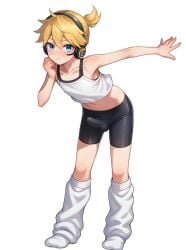 1boy ai_generated bike_shorts blonde_hair blue_eyes blush blushing_at_viewer blushing_male bulge bulge_through_clothing crossdressing embarrassed erection erection_under_clothes erection_under_clothing femboy headset kagamine_len leaning_forward legwarmers legwear lewdnessgod loose_socks midriff penis_under_clothes ponytail self_upload short_hair short_shorts shorts sock_fetish socks sports_shorts sports_uniform sportswear tank_top tight_clothing tight_pants trap vocaloid