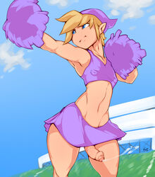 1boy androgynous blonde_hair blue_eyes canon_crossdressing cheer_outfit cheerleader cheerleader_link crop_top crossdressing cum cute_male femboy hat link male male_cheerleader male_only midriff navel nintendo outdoors partially_retracted_foreskin penis penis_under_skirt pointy_ears pom_poms r4 short_hair skirt the_legend_of_zelda toon_link trap tri_force_heroes wide_hips