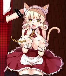 1futa 1girls big_breasts blonde_hair breasts cat_ears censored chain_leash cum cum_on_breasts cum_on_face cum_on_hands cum_on_tongue elly_(touhou) erection fake_animal_ears fake_animal_tail futa_on_female futanari hands_out huge_breasts maid_uniform open_fly open_mouth open_shirt penis plaid_clothing shoes sitting standing tail thighhighs toaruroku tongue_out touhou touhou_(pc-98) yellow_eyes yuka_kazami