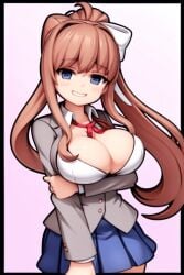 ai_generated alternate_universe arm_under_breasts auburn_hair bangs big_breasts blue_eyes blue_skirt blush bow_in_hair breasts_out doki_doki_literature_club female grey_blazer looking_at_viewer monika_(doki_doki_literature_club) no_bra open_blazer open_clothes pink_background pixai ponytail red_ribbon school_uniform schoolgirl showing_off sidelocks smile smiling taller_girl unbuttoned_shirt white_bow white_collared_shirt