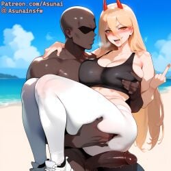 1boy ai_generated asunai beach black_sports_bra blonde_hair blush carrying chainsaw_man curvy dark-skinned_male female footwear groping groping_breasts gym_uniform horns huge_ass interracial large_breasts large_penis leggings looking_at_viewer middle_finger open_mouth power_(chainsaw_man) saliva shiny_skin stable_diffusion sweat thiccwithaq_(ai_style) thick_thighs white_legwear yellow_eyes