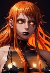 ai_generated black_lipstick breasts close_up female female_only glowing_eyes nami nami_(one_piece) nikolgreen one_piece orange_hair see-through_clothing serious_look stable_diffusion