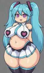 :d ai_generated arms_behind_back bangs big_ass big_breasts blue_hair blush chubby chubby_female collared_shirt cosplay crop_top curvy friday_night_funkin friday_night_funkin_mod hatsune_miku_(cosplay) heart-shaped_pupils pixai purple_eyes skirt skyblue skyblue_(friday_night_funkin) skyverse thick_thighs thighhighs tie twintails