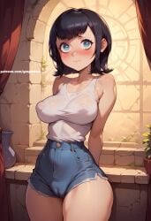 1girls ai_generated black_hair female female_only gmgkaiser goth hotel_transylvania mavis_dracula shy tagme