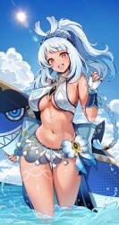 1girls body_markings breasts female foxyrain_(foxyreine) foxyreine genshin_impact hi_res koholasaurus_(species) large_breasts long_hair mualani_(genshin_impact) nah naughty_face tan tan-skinned_female tanned_skin white_hair