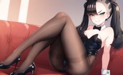 1girls ai_generated black_hair black_leotard bowtie breasts couch detached_collar green_eyes high_heels leotard looking_at_viewer marnie_(pokemon) medium_breasts menikraart nintendo pantyhose playboy_bunny pokemon pokemon_ss sitting_on_couch twintails wrist_cuffs