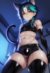 1boy ai_generated big_thighs blackcatmeow cat_ears cat_tail catboy femboy femboy_only genshin_impact girly huge_thighs large_thighs latex male male_only thick_thighs thighs trap voluptuous xiao_(genshin_impact)