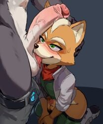 anthro ball_lick balls blush bodily_fluids canid canine canis duo erection fox fox_mccloud fur genital_fluids genitals glans green_eyes grey_body grey_fur heart_eyes heart_symbol hi_res kneeling licking male male/male mammal nintendo oral orange_body orange_fur penis precum sex star_fox tongue wolf wolf_o'donnell zar_afterdark