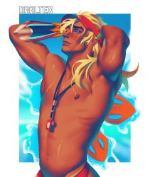 abs blonde_hair brown_skin draltex gay gay_male lifeguard_lifeweaver lifeweaver male_only muscular muscular_male overwatch speedo tan_skin