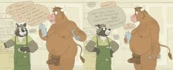 2025 absurd_res anthro apron balls belly big_belly brown_body clothing detailed_background dialogue duo english_text genitals grey_body hi_res jeffpat male mammal moobs nipples overweight overweight_male penis procyonid raccoon shirt text topwear