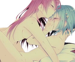 2girls blue_hair blush breasts closed_eyes covering_mouth female female_only hair_ornament hairclip human lesbian long_hair mahou_shoujo_madoka_magica miki_sayaka mizuki_(flowerlanguage) multiple_girls nude red_hair sakura_kyouko short_hair wholesome yuri