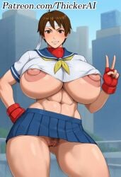 1girls abs ai_generated big_breasts capcom female_only grin huge_breasts kunaboto_(style) large_areolae looking_at_viewer outdoors patreon_url patreon_username peace_sign plump pubic_hair pussy pussy_peek sakura_kasugano smile solo solo_female stable_diffusion standing street_fighter thick_thighs underboob venus_body