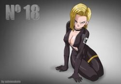 1girls android_18 bedroom_eyes black_clothes black_clothing blonde_hair blue_eyes collar dragon_ball dragon_ball_z fanart grey_background inner_sideboob latex looking_at_viewer on_the_floor only_female red_earring salvamakoto skin_tight skin_tight_suit