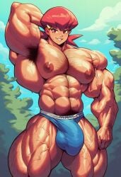 abs ai_generated ambush_(trap) armpit_hair bulge chest_hair extreme_muscles genderswap_(ftm) hairy_armpits hairy_arms hairy_chest hyper_muscles male male_only muscular muscular_futanari muscular_male pokemon rule_63 sewoh solo whitney_(pokemon)