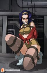 2d 2d_(artwork) arms_behind_back bondage bondage bound bound_arms bound_legs captured captured_heroine collar cowboy_bebop faye_valentine female female_focus female_only gag gagged green_eyes headband headgear heels human humanoid light-skinned_female light_skin looking_at_viewer purple_hair submissive submissive_female thick_thighs thighs