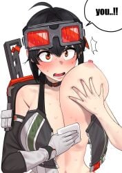 1girls areolae black_hair blush breasts brown_eyes embarrassed english_text goggles grace_howard huge_breasts large_breasts nipples open_mouth ssoog sweat text undressing unknown_artist zenless_zone_zero zipper_down