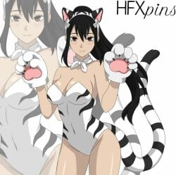 black_hair cosplay cute female hfxpins kaiju_no.8 mina_ashiro tiger tiger_ears tiger_stripes tiger_tail