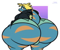 2024 absurd_res anthro ass big_butt blonde_hair blue_body blue_scales blue_tail bottomwear breasts bree_(junk_planet) brown_eyes cleavage clothed clothing digital_drawing_(artwork) digital_media_(artwork) eyebrow_through_hair eyebrows eyelashes female genitals hair half_naked hi_res huge_butt hyper hyper_butt jaymisc lizard looking_at_viewer looking_back markings narrowed_eyes pants pussy rear_view reptile scale_markings scales scalie solo tail thick_thighs tight_bottomwear tight_clothing tight_pants toony translucent translucent_hair wide_hips