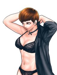 big_breasts black_lingerie black_panties bow bra brown_eyes brown_hair dressing female king_of_fighters light_skin lingerie necklace panties suit undressing vice_(kof)