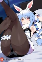 ai_generated animal_ears armpit blue_hair braids carrot dress from_below hair_ornament hololive legs_together legs_up looking_at_viewer lying medium_breasts on_back pantyhose primosan pussy_juice scarf smile thick_eyebrows twintails usada_pekora usada_pekora_(1st_costume) virtual_youtuber white_hair