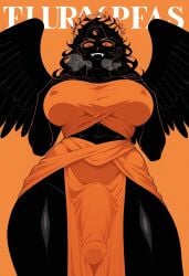 ai_generated big_breasts black_body black_hair black_skin civitai cloak colored_sclera demon erection erection_under_clothes erection_under_clothing evil_grin evil_smile feathered_wings feathers futa_focus futa_only futanari goddess greek greek_mythology ihatethemic intersex large_breasts large_wings laurel_crown low-angle_view magazine_cover orange_clothing orange_sclera original_character robe robes sharp_teeth smile smiling smirk solo solo_focus solo_futa tagme thick_thighs tied_hair wavy_hair wide_hips wings