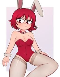 1girls arkeus bare_shoulders bunny_ears bunnysuit female freckles grey_legwear kim_pine legwear red_eyes red_hair scott_pilgrim short_hair solo solo_female stockings thighhighs