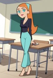 ai_generated barefoot bigmic145 black_shirt blue_eyes blue_jeans breasts clothed clothed_female clothing danny_phantom feet female hair_band jazz_fenton medium_breasts nickelodeon orange_hair