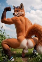 2024 ai_generated anthro anus ass ass balls canid canine carnivalecloudmuncher flexing fox furry grass hyperrealistic looking_at_viewer looking_back male male_only mammal nude outdoors penis perineum photorealism photorealistic realism realistic rear_view self_upload shoes solo solo_male squatting sunglasses sunglasses_on_head tagme tail vulpine