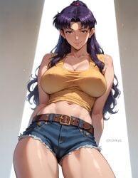 1girls ai_generated breasts cleavage covered_nipples denim_shorts fr34ky large_breasts midriff milf misato_katsuragi neon_genesis_evangelion shorts solo