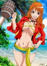 1girls 2d artist_request big_breasts cosplay female female_only hand_on_hip looking_at_viewer monkey_d_luffy_(cosplay) nami nami_(one_piece) no_bra one_piece post-timeskip shorts smiling solo