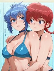 2girls ai ai_generated bikini blue_eyes blue_hair female female_only genderswap_(mtf) kampfer locker_room multiple_girls ranma-chan ranma_1/2 ranma_saotome red_hair rule_63 self_upload senou_natsuru stable_diffusion yuri