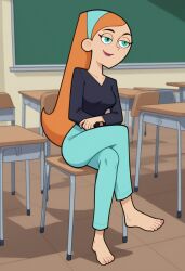 1girls ai_generated barefoot bigmic145 black_shirt blue_eyes blue_jeans breasts clothed clothed_female clothing danny_phantom feet female hair_band jazz_fenton medium_breasts nickelodeon orange_hair