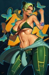 1girls abs beuto big_breasts bra clothed female female_only human jojo's_bizarre_adventure jolyne_kujo lipstick muscular_female partially_clothed solo sweat sweatdrop sweating sweaty sweaty_body tattoo