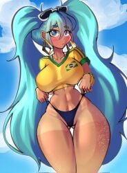 1girls ass big_ass big_breasts big_thighs brazil brazilian brazilian_female brazilian_miku breasts cyan_eyes cyan_hair female female_only hatsune_miku hatus huge_ass huge_thighs latin_american_hatsune_miku_(meme) long_hair looking_at_viewer shirt solo tagme tan tan_body thick_hips thick_thighs thighs thong twintails vocaloid yellow_shirt