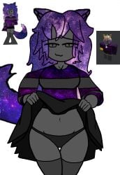 1girl 1girls anthro black_panties female flashing furry galaxy/astra galaxy999_(gerfloverse) galaxy_clothes galaxy_hair gerfloverse_(wattpad) gray_skin looking_at_viewer roblox rpgslayer999 self_insert self_upload skirt skirt_lift solo suggestive_look tail traced_art underwear