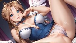 1girls ai_generated angel angel_wings belldandy blue_eyes blush bracelets braided_hair brown_hair cameltoe choker earrings face_markings large_breasts leaning_back legs_spread long_hair looking_at_viewer oh_my_goddess! presenting_pussy shoulderless_dress thong tight_clothing