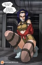 2d 2d_(artwork) arms_behind_back bondage bondage bound bound_arms bound_legs captured captured_heroine collar cowboy_bebop faye_valentine female female_focus female_only gag gagged green_eyes headband headgear heels human humanoid light-skinned_female light_skin looking_at_viewer purple_hair shio-bari submissive submissive_female text thick_thighs thighs