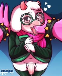 2024 absurd_res anthro artist_name balls biped blush bovid caprine clothing deltarune digital_media_(artwork) duo eyebrows eyewear finger_in_mouth fingers first_person_view foreskin front_view genitals glasses heart_symbol hi_res horn humanoid_genitalia humanoid_penis looking_at_viewer male mammal navel penis pink_horns ralsei solo_focus spunkubus susie_(deltarune) tongue tongue_out undertale_(series)