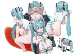 hatsune_miku hatsune_miku_(collared_bikini) presenting_ass presenting_breasts solo solo_female striped_bikini tagme twintails vocaloid